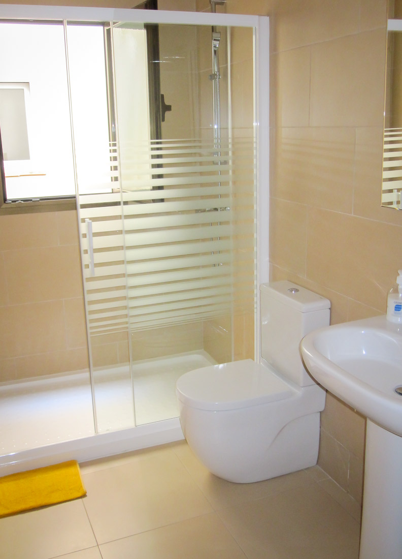 Modern main family bathroom with large shower, basin and WC.